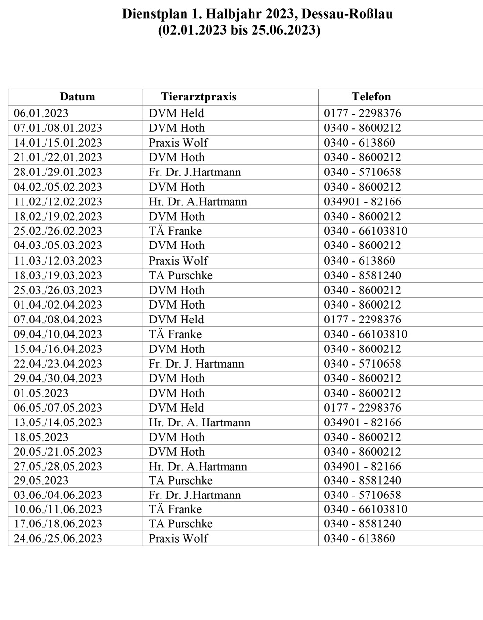 Notdienstplan 1 HJ 2023